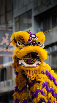 View of a vibrant yellow and purple lion dance costume with intricate details and fur during a traditional performance in an urban street Hong Kong.