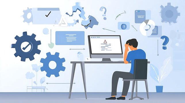 Frustrated software developer working on computer isolated on white background