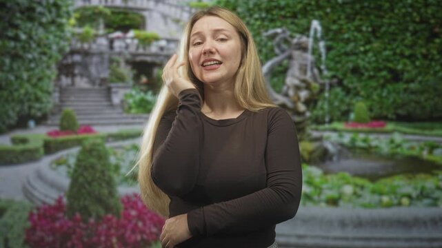 Woman with hand on forehead and long blonde hair, smiling with closed eyes near fountain and stone stairs at building; embarrassment.