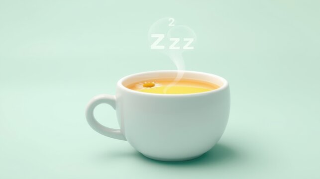 Cup emits steam forming Zzz symbol. Suggests beverage induces sleep. Light blue background enhances calm mood. Simple, clean presentation.