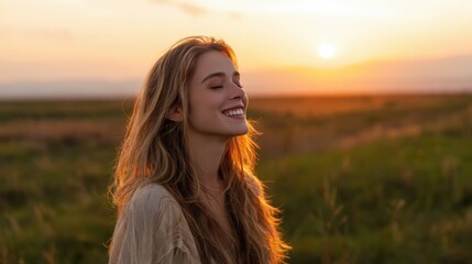 Backlit Portrait of calm happy smiling free woman with closed eyes enjoys a beautiful moment life on the fields at sunset 