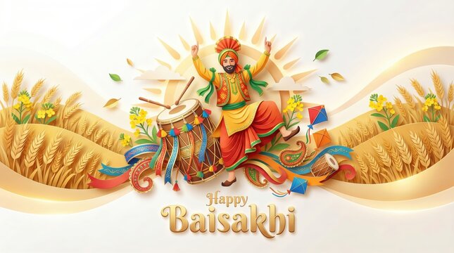 Vibrant baisakhi celebration illustration with dancing man and wheat fields