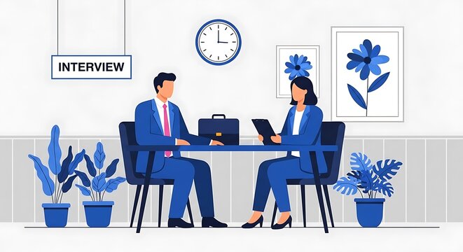 Animated office scene depicting a job interview with two people and decor