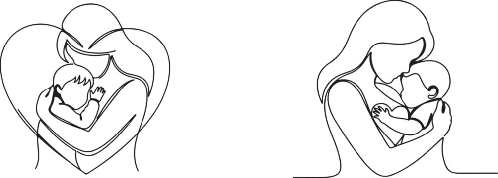 Illustration of a mother embracing her baby in two different heartwarming ways Art & Illustration