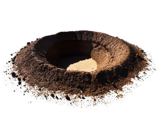 Isolated large deep hole in dry brown earth, a desert landscape or excavation site. © Ciara