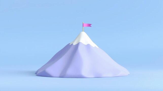 Minimalist mountain illustration. Lavender peak with snowcap, topped by pink flag. Light blue background creates simple scene.