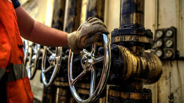 Oil pipeline valve technician turning a large chrome gate valve.