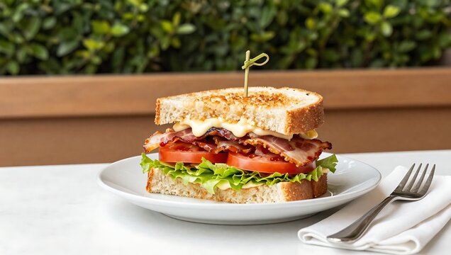 Delicious BLT sandwich with melted cheese on toasted bread served on a white plate with fork and knife