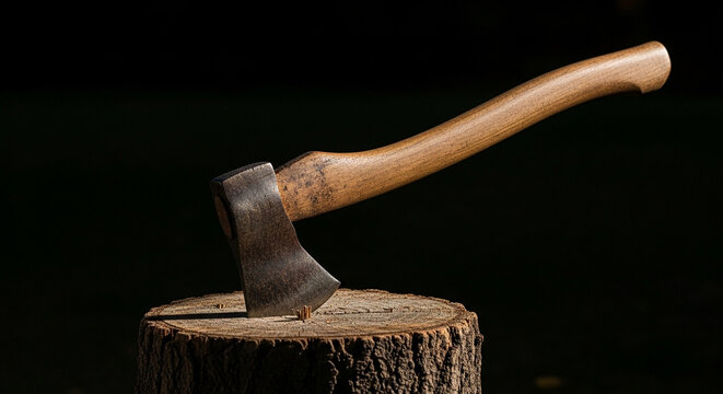Axe resting on a wooden stump in dark outdoor setting  