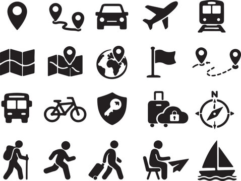 Travel and navigation icon set. transport and adventure symbols collection