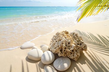 Obraz premium Peaceful beach scene with white stones and coral on sand