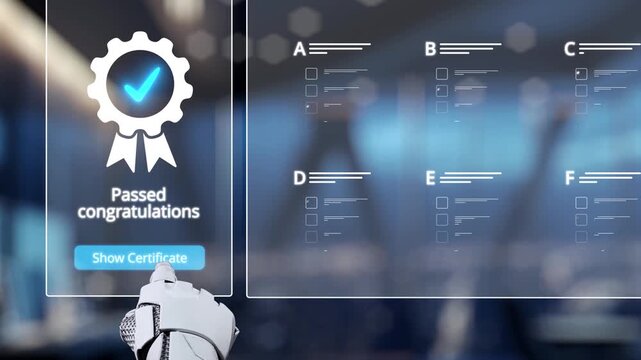A robotic hand presents a digital congratulations message showcasing completed certificates in a modern office setting, highlighting achievement and technological advancement. Auvana