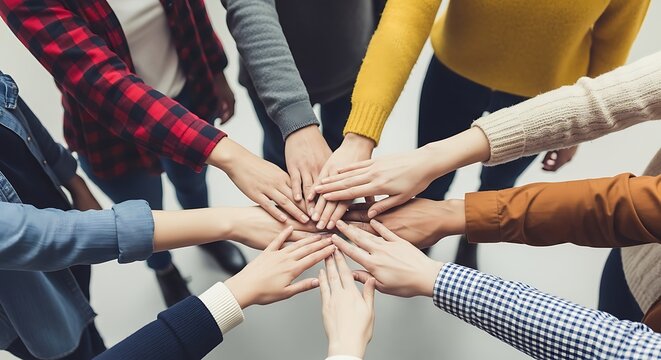 Diverse group of people stacking hands together in a circle for teamwork and unity