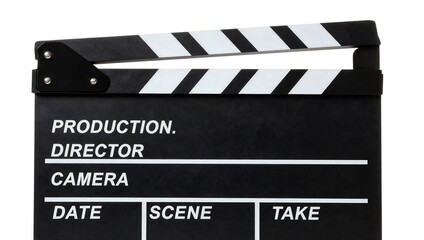 Naklejka premium Closeup of a black and white movie clapper board on a plain white background for film production movie making tool