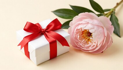 Fototapeta premium White gift box with red ribbon and pink flower on beige background for valentines day or mothers day romantic gift idea