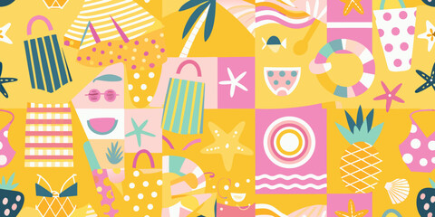 Obraz premium Colorful summer pattern featuring beach elements and geometric shapes