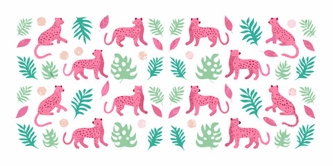A playful pattern featuring pink cheetahs and tropical green foliage © Arabinda