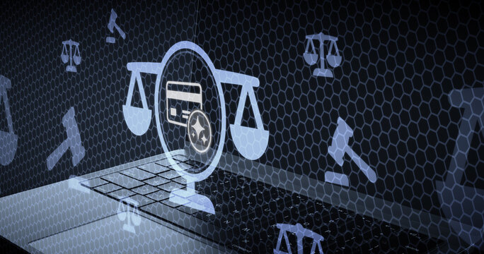 Inteligencia artificial y derecho financiero balanza de justicia con tarjeta de cr&eacute;dito y algoritmos bancarios cumplimiento normativo Fintech