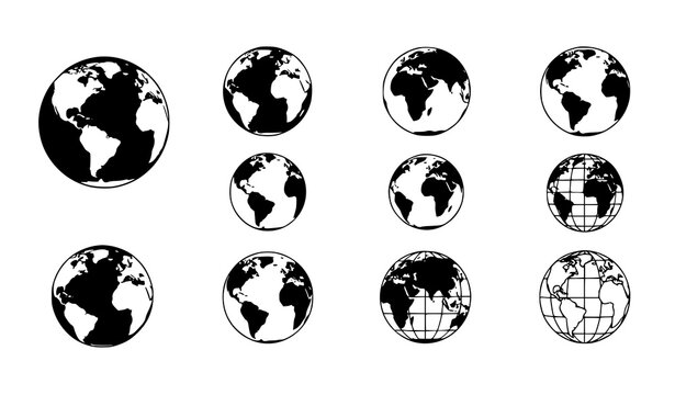 Minimal Earth Globe Vector Icon Set &ndash; World Map Planet Symbols Isolated