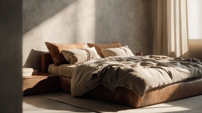 Minimalist bedroom furniture with floating bed and soft linen textures, 8k, realistic, full ultra HD, high resolution, cinematic photography