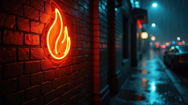 eon flame icon glowing in bright orange, mounted on dark brick wall in rainy alley at night