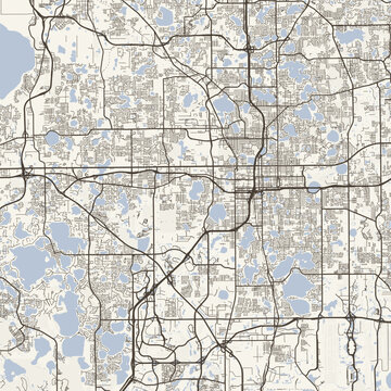 Orlando City Map Sophisticated Geometric Urban Topography Featuring Meticulous Linework and Balanced Composition in a Timeless Minimalist Scandinavian Blueprint Aesthetic for Modern Living.