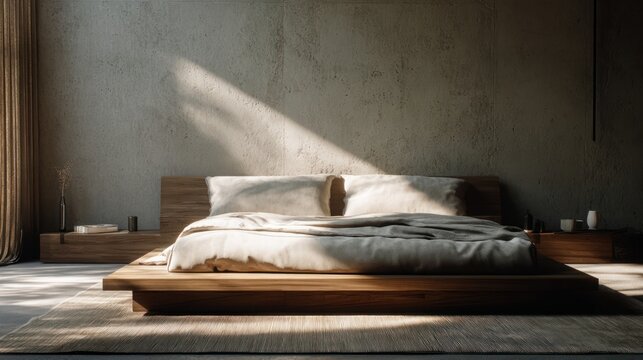 Minimalist bedroom furniture with floating bed and soft linen textures, 8k, realistic, full ultra HD, high resolution, cinematic photography