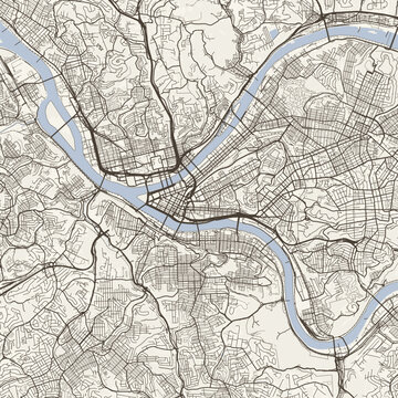 Pittsburgh City Map Sophisticated Geometric Urban Topography Featuring Meticulous Linework and Balanced Composition in a Timeless Minimalist Scandinavian Blueprint Aesthetic for Industrial Home.