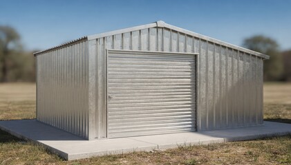 Fototapeta premium Medium shot of a small prefabricated metal garage displayed outdoors with clear skies showcasing durable construction and compact design efficiency.