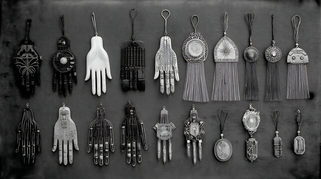 Collection of various ornate hamsa hand charms and decorative pendants arranged on a flat