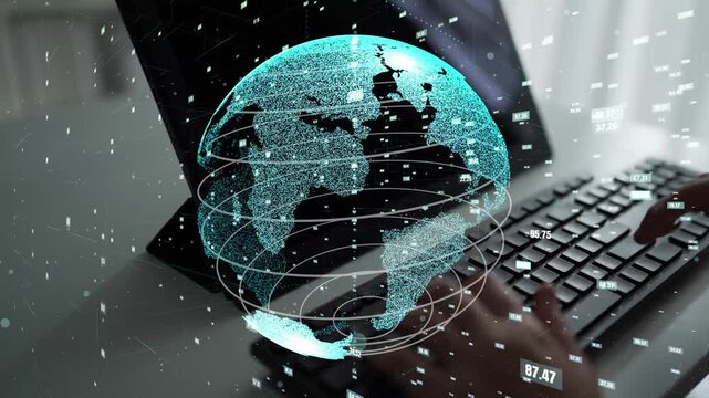 A visualization of a globe floating above a laptop with a focus on data connectivity and analytics, showcasing the importance of technology in modern communication and collaboration. Xenic
