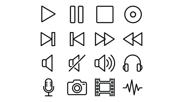 Set of 16 black outline media player control icons vector