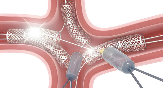 Endovascular stent grafts being deployed in an aortic aneurysm repair procedure