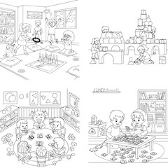 Obraz premium Happy cartoon truck, galaxy swirl, and space satellite, line art illustrations, black and white