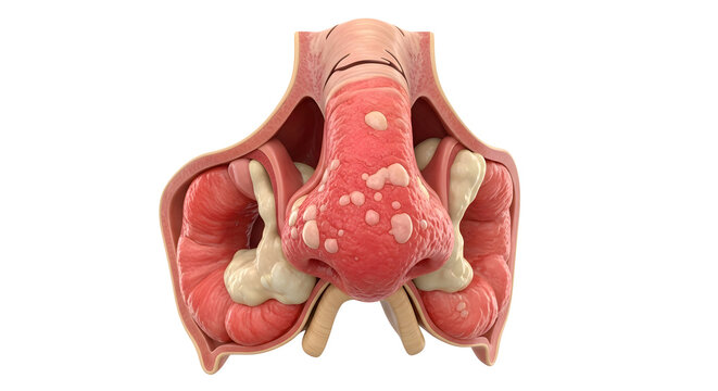 Anatomical illustration of an inflamed tonsil with visible nodules or cryptic openings