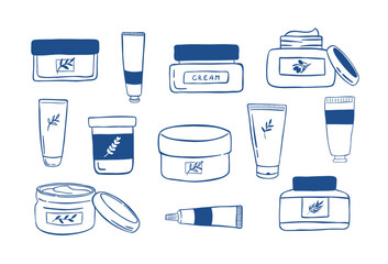 Set of hand drawn cosmetic cream jars and tubes in doodle style. Beauty and skincare packaging icon. Vector illustration