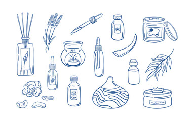 Hand drawn aromatherapy spa icon set with essential oil, diffuser, candles, and herbal extract. Doodle vector illustration