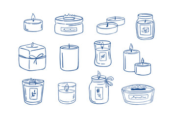 Doodle set of cozy aroma candles. Hand drawn vector illustration for spa, home decor and relaxation