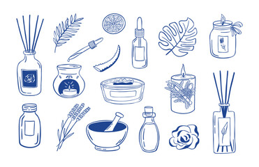 Set of hand drawn aromatherapy and spa icons. Doodle wellness and self-care elements with diffuser, essential oil, candle, mortar and herbs vector illustration