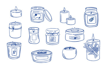 Doodle style scented candle collection with various jars and holders. Hand drawn vector illustration