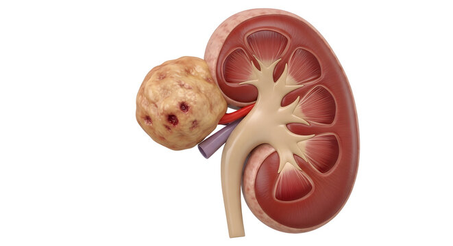 Illustration of a kidney with a cyst shown on its surface and internal structure revealed