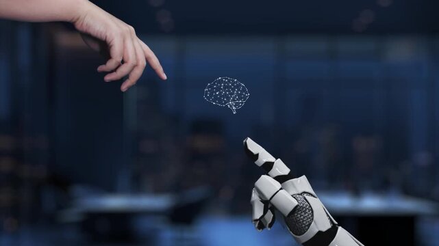 A captivating blend of human touch and robotic precision symbolizes the convergence of artificial intelligence and neural networks within a contemporary workspace. Synapse
