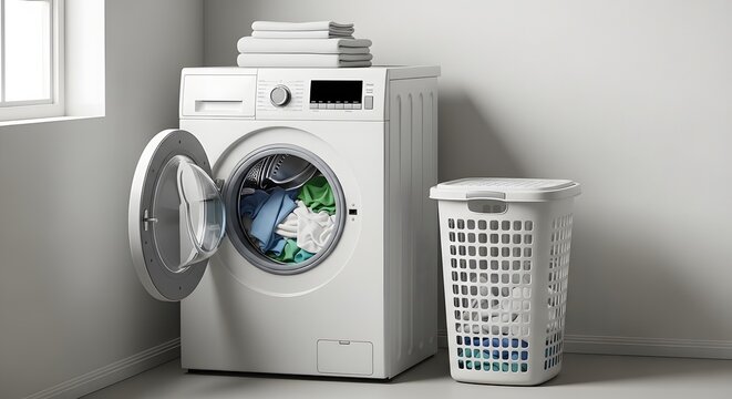 Laundry room essentials washing machine and hamper