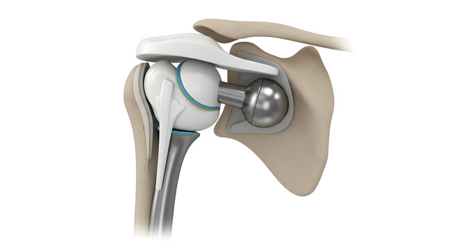Illustration of a shoulder joint replacement prosthesis in place on the humerus and scapula