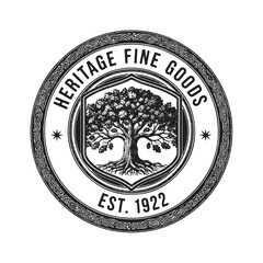 Obraz premium Circular heritage badge featuring a stylized tree emblem and vintage seal for fine goods branding.