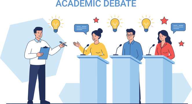 Academic Debate Concept with Students at Podiums, Moderator Judging Competition, Creative Ideas, and Intellectual Discussion Vector Illustration for Education