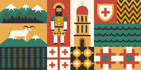 Fototapeta premium A colorful geometric composition showcasing georgian cultural symbols and motifs