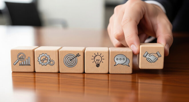 A person arranging wooden blocks with business and technology icons on a reflective surface in an office setting