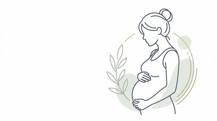 Obraz premium Minimalist line art of pregnant woman, elegant maternity illustration with botanical leaves, motherhood concept on white background with copy space