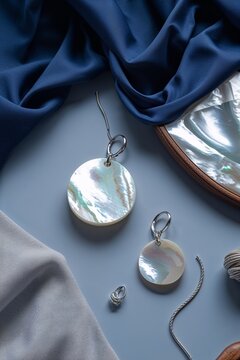 Delicate layout of abalone shell pendants and silver ring with blue fabric backdrop.